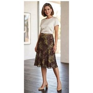 Calvin Klein 100% Silk Botanical Print A-Line Skirt 12 Brown Olive Green Floral